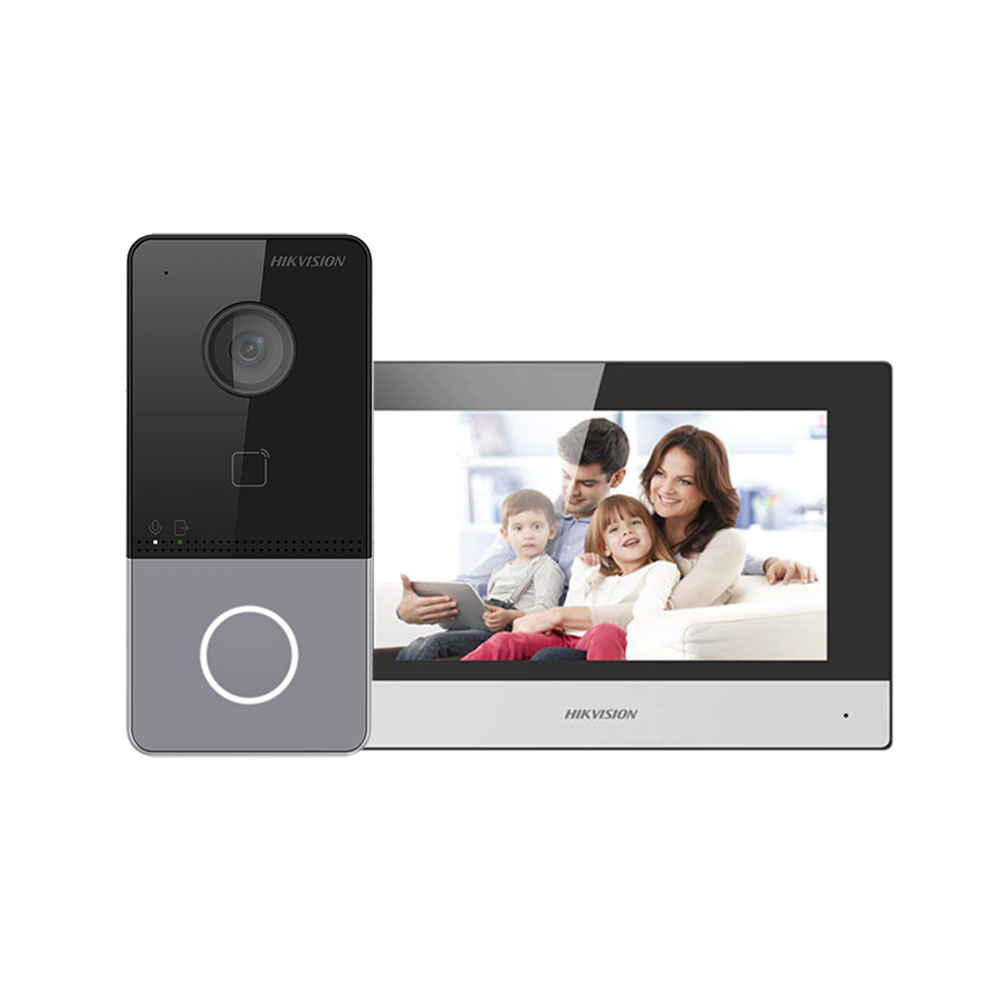 Kit videointerfon IP Hikvision DS-KIS603-P, 2 MP, 7 inch, Mifare, 2.4 GHz, 1 familie, aparent