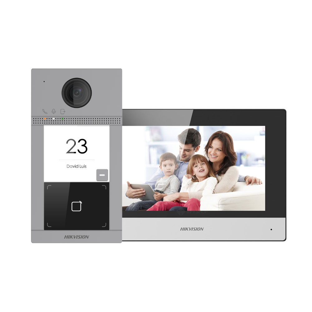 Kit videointerfon WiFi Hikvision DS-KIS604-S, 2 MP, 7 inch, Mifare, 2.4 GHz, 1 familie, aparent
