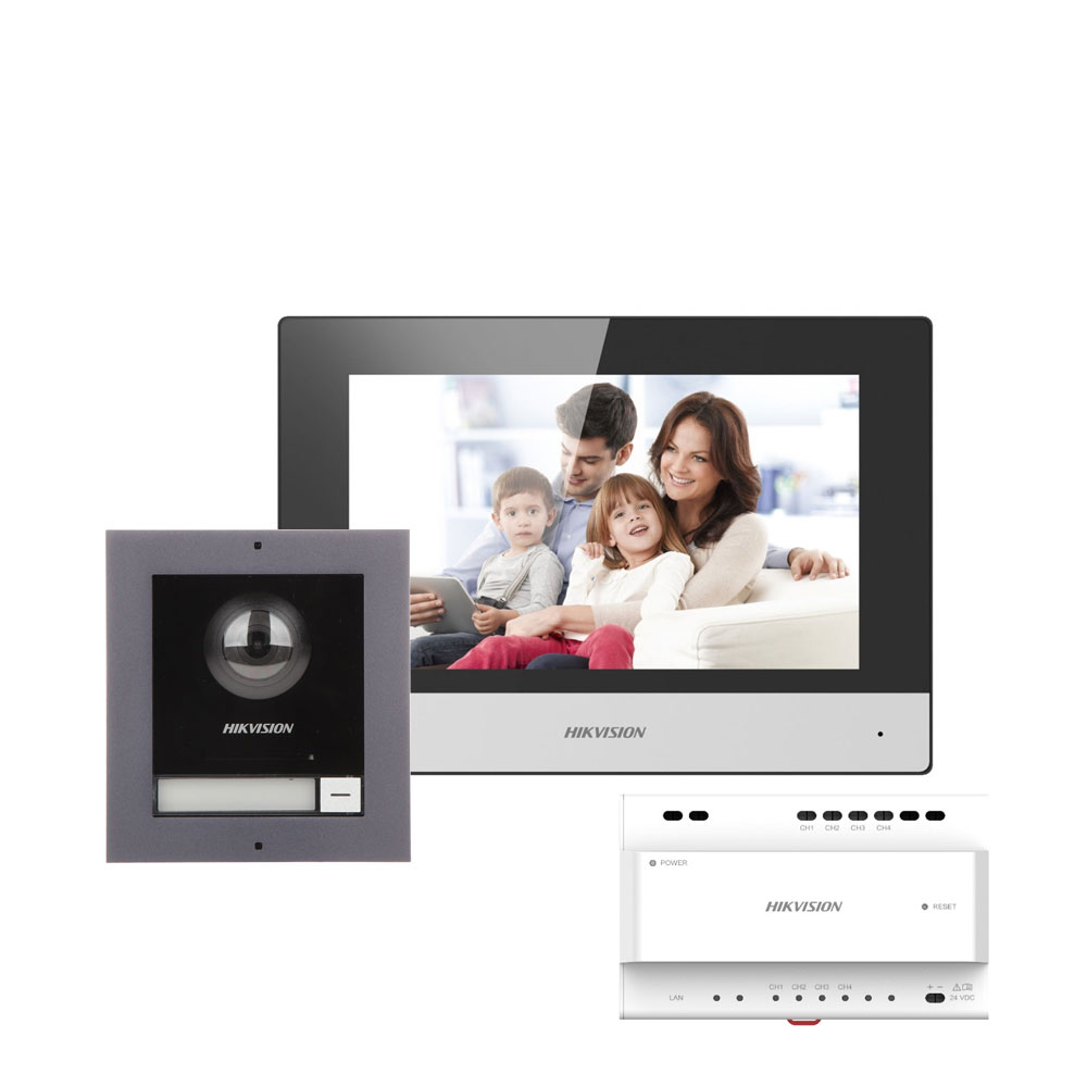 Kit videointerfon IP pe 2 fire Hikvision DS-KIS702, 1 familie, 2 MP, IR